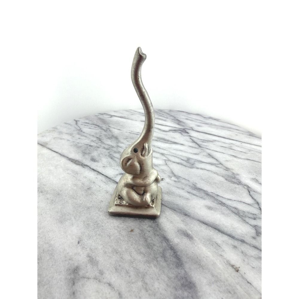 Vintage Elephant Ring Holder Green Rhinestone Eyes Good Luck Trunk Up Ring Tree - Picture 1 of 16